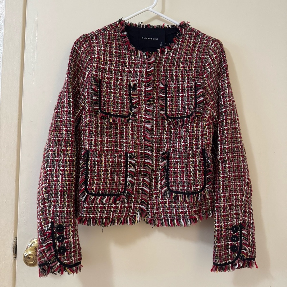 Olivaceous Red Tweed Fringe Trim Blazer - Picture 2 of 7